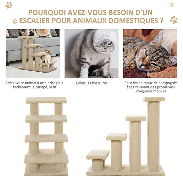PAWHUT - Escalier pour chat - escalier pour chien - 4 marches - revêtement flanelle grande douceur haute densité - structure panneaux particules - beige - large
