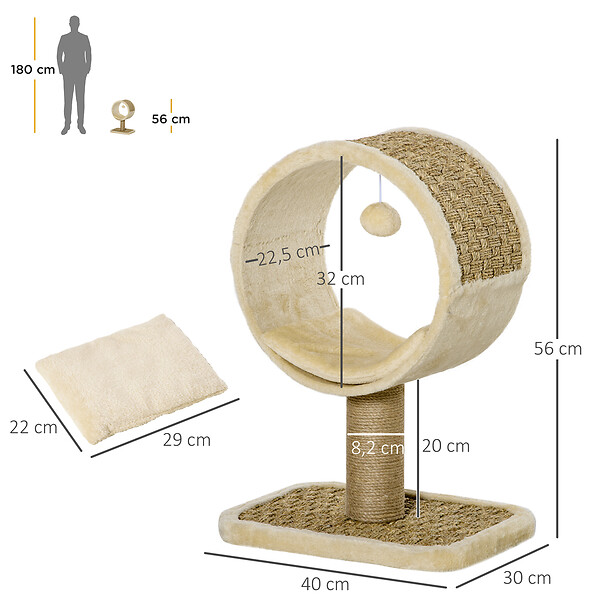 PAWHUT - Arbre à chat rond style cosy chic griffoir grattoirs sisal jeu suspendu souris niche avec coussin cordes d'algues tressées peluche courte beige - large