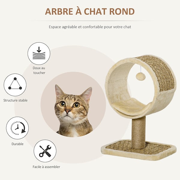 PAWHUT - Arbre à chat rond style cosy chic griffoir grattoirs sisal jeu suspendu souris niche avec coussin cordes d'algues tressées peluche courte beige - large