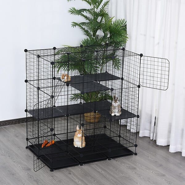PAWHUT - Cage parc enclos rongeurs modulable dim. L 111 x l 75 x H 119 cm 3 niveaux 4 portes fil métallique noir - large