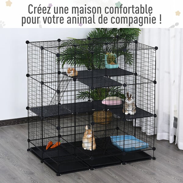 PAWHUT - Cage parc enclos rongeurs modulable dim. L 111 x l 75 x H 119 cm 3 niveaux 4 portes fil métallique noir - large