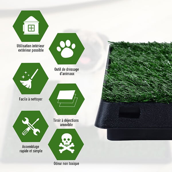 PAWHUT - Litière gazon synthétique chiens toilettes portables à pelouse tiroir à déjection 63L x 51l x 6H cm noir vert - large