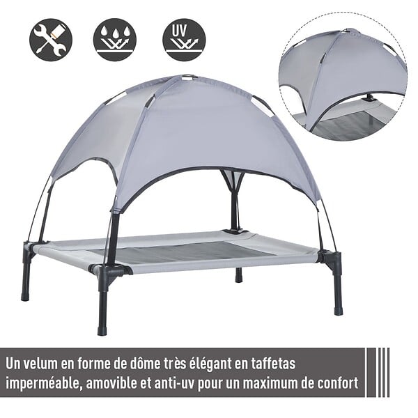 PAWHUT - Lit pour chien chat sur pieds lit de camp lit surélevé rafraîchissant velum anti-UV Oxford micro-perforé parasol et sac de transport inclus dim. 61L x 46l x 61H cm gris noir - large