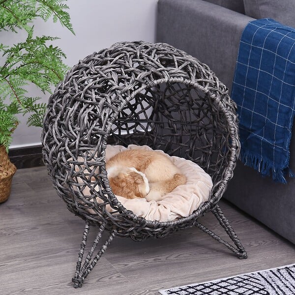PAWHUT - PawHut Panier chat lit chat cosy grand confort dim. Ø 52 x 58H cm coussin moelleux beige inclus résine tressée imitation rotin gris - large