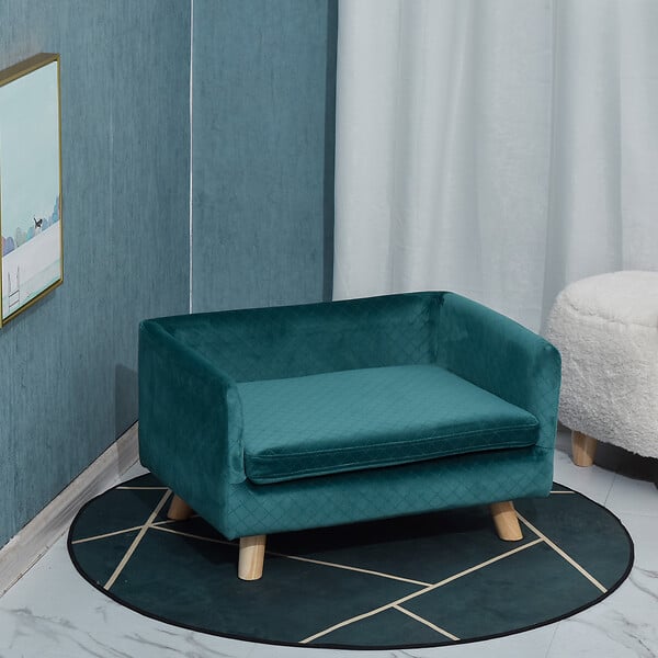 PAWHUT - Canapé chien lit pour chien design scandinave coussin moelleux pieds bois massif dim. 64 x 45 x 36 cm velours bleu canard - large