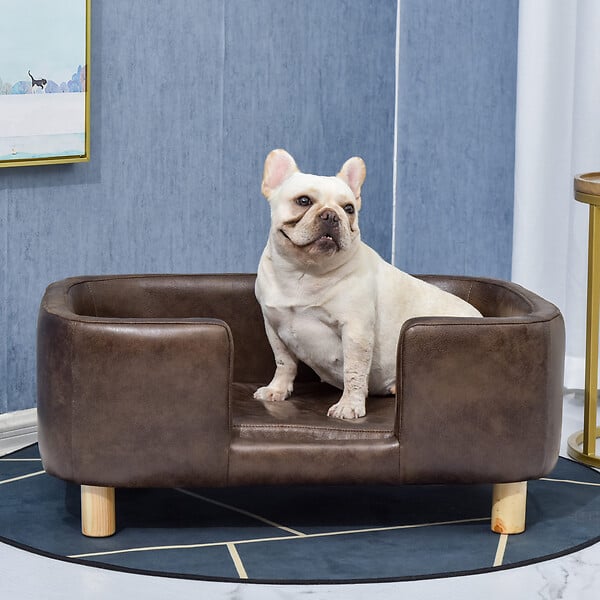 PAWHUT - Canapé chien lit pour chien chat avec rebord coussin moelleux pieds bois massif dim. 74 x 48,5 x 31 cm revêtement micro-fibre chocolat - large