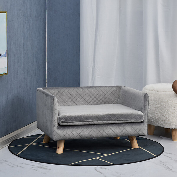 PAWHUT - Canapé chien lit pour chien design scandinave coussin moelleux pieds bois massif dim. 64 x 45 x 36 cm velours gris - large