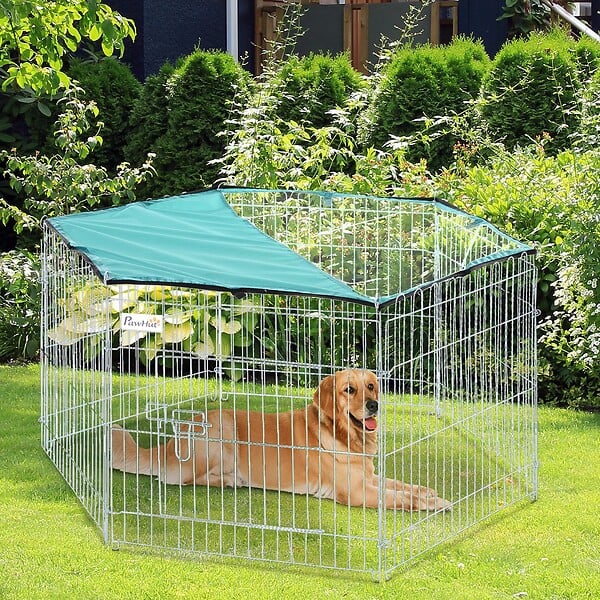 PAWHUT - PawHut Parc enclos modulable Acier 6 Panneaux et 1 Porte pour Chiens Ø 120 x 60 cm Gris Métal vert - large