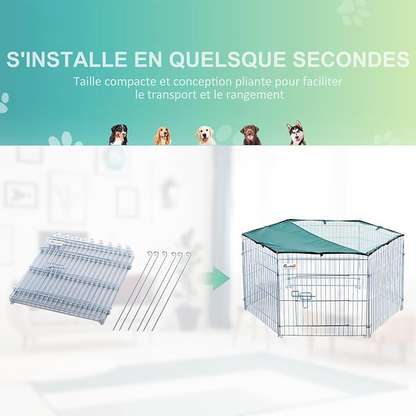 PAWHUT - PawHut Parc enclos modulable Acier 6 Panneaux et 1 Porte pour Chiens Ø 120 x 60 cm Gris Métal vert - large