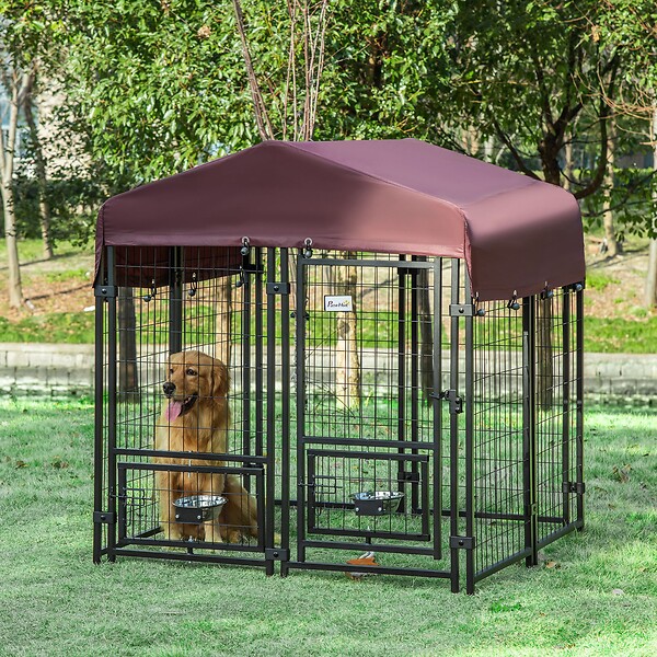 PAWHUT - Chenil extérieur pour chien - cage chien - enclos chien - toile toit imperméable anti-UV, porte verrouillable, 2 bols rotatifs - acier noir oxford pourpre - large