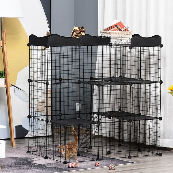 PAWHUT - Cage parc enclos chat modulable dim. L105 x l70 x H105 cm 3 niveaux 2 portes rampe plateformes PE motif graphique fil métallique noir - large