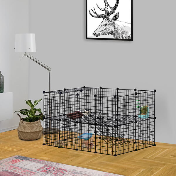 PAWHUT - Cage parc enclos pour animaux domestiques L 146 x l 73 x H 73 cm modulable 2 niveaux 36 panneaux bords arrondis fil métallique noir - large