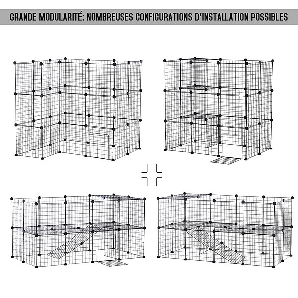 PAWHUT - Cage parc enclos pour animaux domestiques L 146 x l 73 x H 73 cm modulable 2 niveaux 36 panneaux bords arrondis fil métallique noir - large