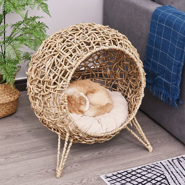 PAWHUT - PawHut Panier chat lit chat cosy grand confort dim. Ø 52 x 58H cm coussin moelleux inclus résine tressée imitation rotin beige - large