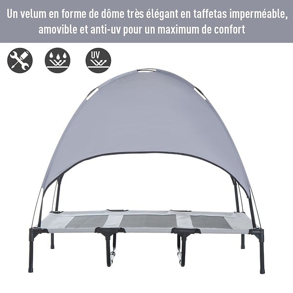 PAWHUT - Lit pour chien chat sur pieds lit de camp grand confort lit surélevé rafraîchissant velum anti-UV tissu Oxford micro-perforé + sac de transport inclus 122 x 92 x 108 cm gris noir - large