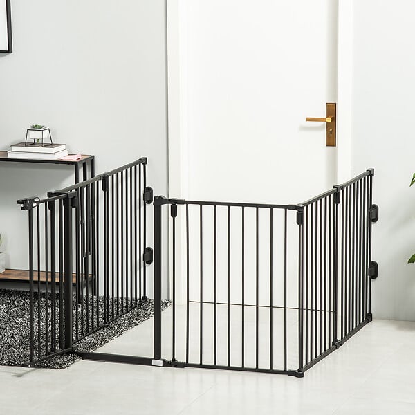 PAWHUT - PawHut Barrière de sécurité - parc enclos chien modulable pliable - porte verrouillable - 6 panneaux acier et PP - dim. 362,5L max. x 76H cm noir - large