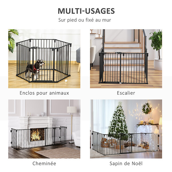 PAWHUT - PawHut Barrière de sécurité - parc enclos chien modulable pliable - porte verrouillable - 6 panneaux acier et PP - dim. 362,5L max. x 76H cm noir - large
