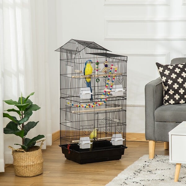 PAWHUT - Cage à oiseaux volière 46 x 36 x 100 cm - 2 portes, 9 trappes, plateau déjection, nombreux accessoires - noir - large