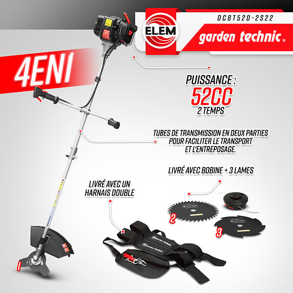 ELEM GARDEN TECHNIC - Débroussailleuse thermique 52cc - bobine + 3 lames - large
