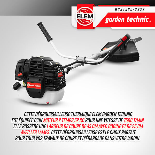 ELEM GARDEN TECHNIC - Débroussailleuse thermique 52cc - bobine + 3 lames - large
