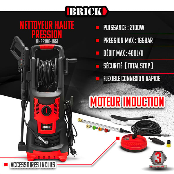 BRICK - Nettoyeur haute pression 2100W - 165 bars avec moteur à  induction + accessoires - large