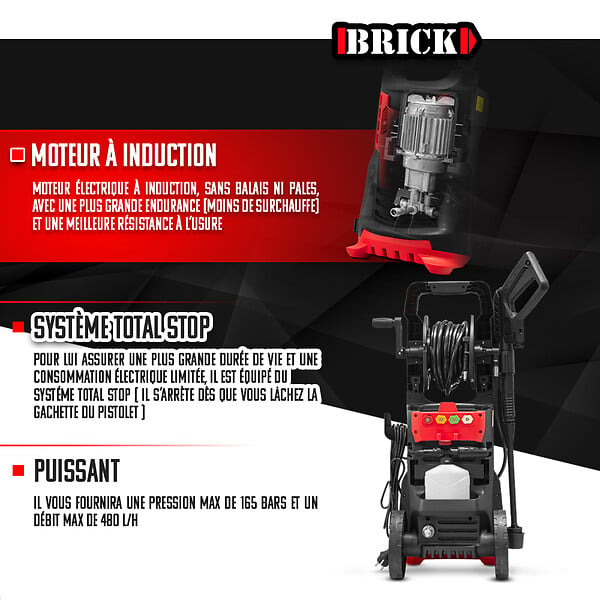 BRICK - Nettoyeur haute pression 2100W - 165 bars avec moteur à  induction + accessoires - large
