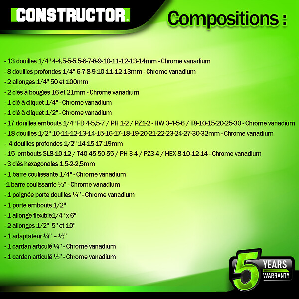 CONSTRUCTOR - Coffre à douilles et embouts 94 pcs Chrome Vanadium - large