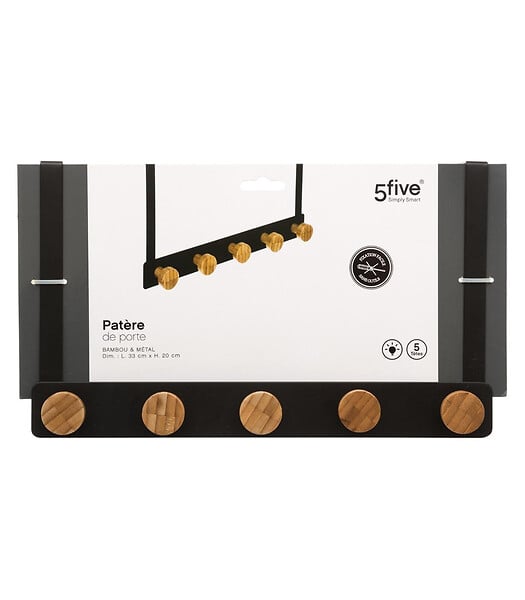 5 FIVE SIMPLY SMART - Patère de porte en Métal Noir 5 Têtes en Bambou L 33 cm - large