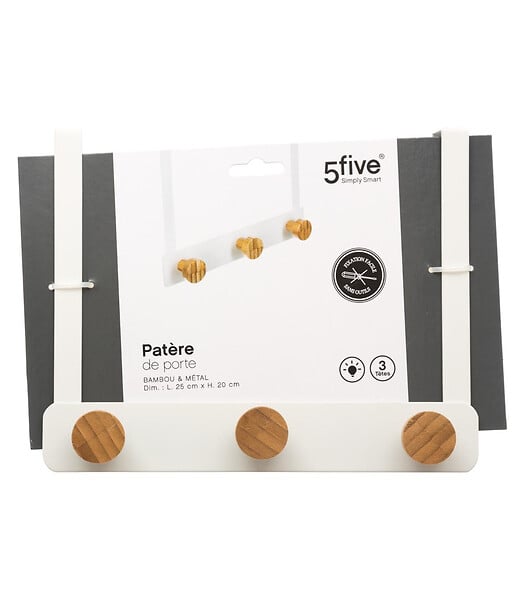 5 FIVE SIMPLY SMART - Patère de porte en Métal Blanc 3 Têtes en Bambou L 25 cm - large