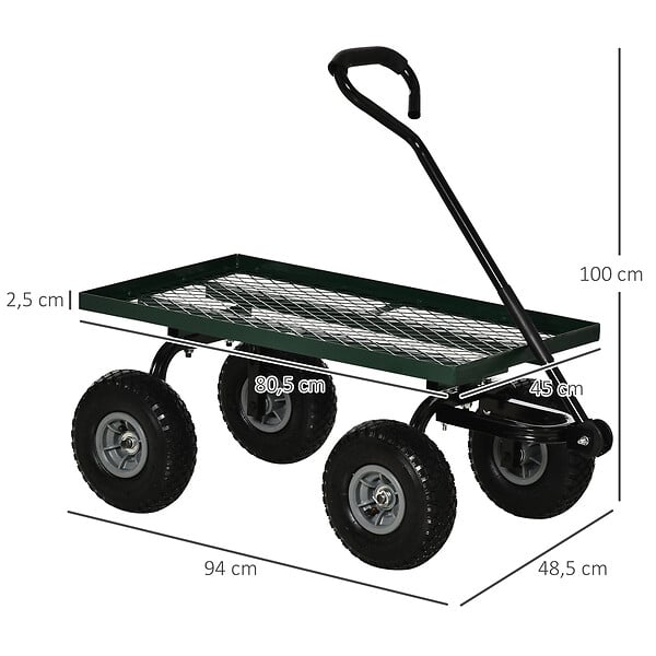 OUTSUNNY - Chariot de transport jardin remorque à main charrette à bras 4 roues 94L x 48,5l x 100H cm charge max. 150 Kg métal vert - large