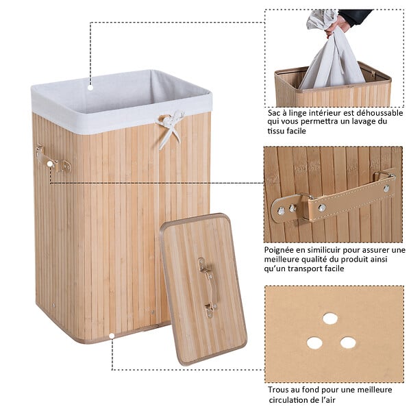 HOMCOM - Panier à linge corbeille à linge bac à linge bambou pliable couvercle sac amovible 3 poignées PU 40L x 30l x 60H cm beige - large