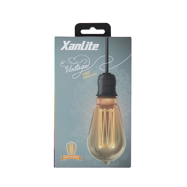 XANLITE - Ampoule LED déco, culot E27, forme Edison hologramme, puissance 4W, flux 200 lm, lumière blanc très chaud 1800 K, verre ambré, usage intérieur décoratif - large