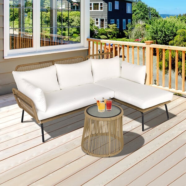 OUTSUNNY - Salon de jardin d'angle 4 pers. style colonial table basse coussins grand confort inclus résine tressée beige - large
