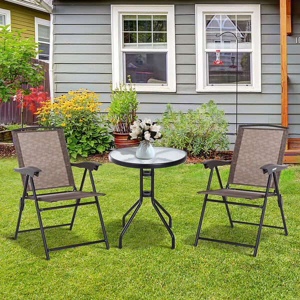 OUTSUNNY - Ensemble de jardin 3 pièces 2 chaises inclinables multi-positions pliables + table ronde verre trempé métal époxy textilène chocolat - large