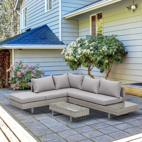 OUTSUNNY - Ensemble salon de jardin d'angle 5 places design contemporain coussins déhoussables table basse acier époxy résine tressée grise - large