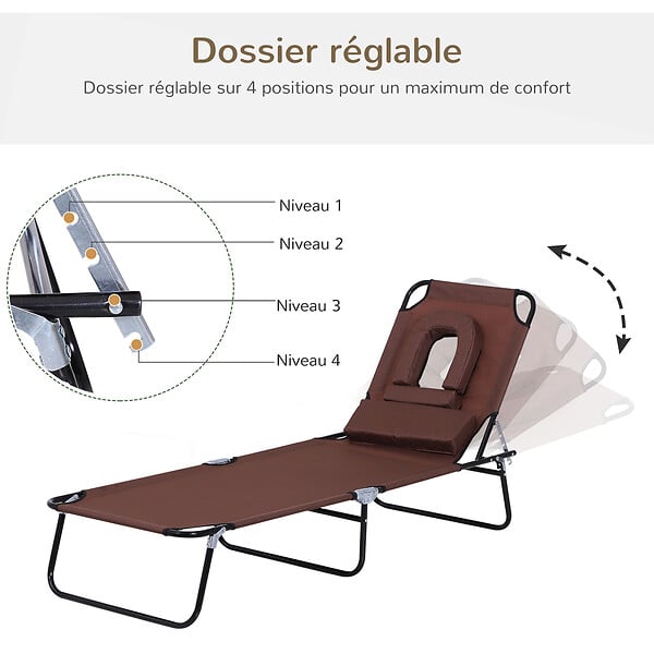 OUTSUNNY - Bain de soleil pliable transat inclinable 4 positions chaise longue de lecture 3 coussins fournis marron - large