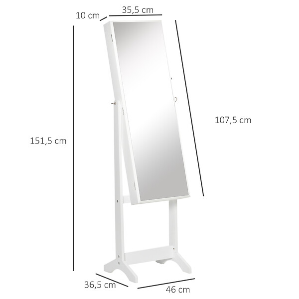 HOMCOM - Armoire à bijoux avec miroir à pied multi-rangement inclinaison réglable serrure dim. 46L x 36,5l x 151,5H cm MDF blanc - large