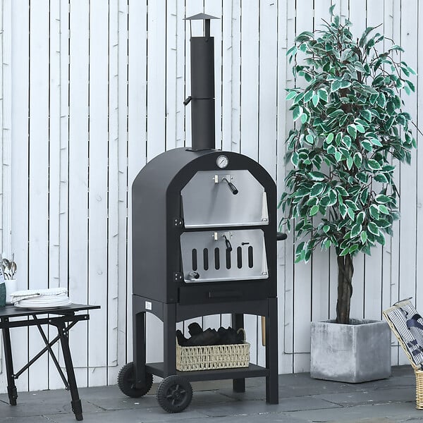 OUTSUNNY - Four à pizza extérieur au charbon de bois - barbecue sur roulettes - four à bois - pierre réfractaire - cheminée, jauge température - acier au carbone noir gris - large