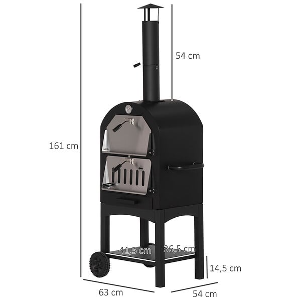 OUTSUNNY - Four à pizza extérieur au charbon de bois - barbecue sur roulettes - four à bois - pierre réfractaire - cheminée, jauge température - acier au carbone noir gris - large