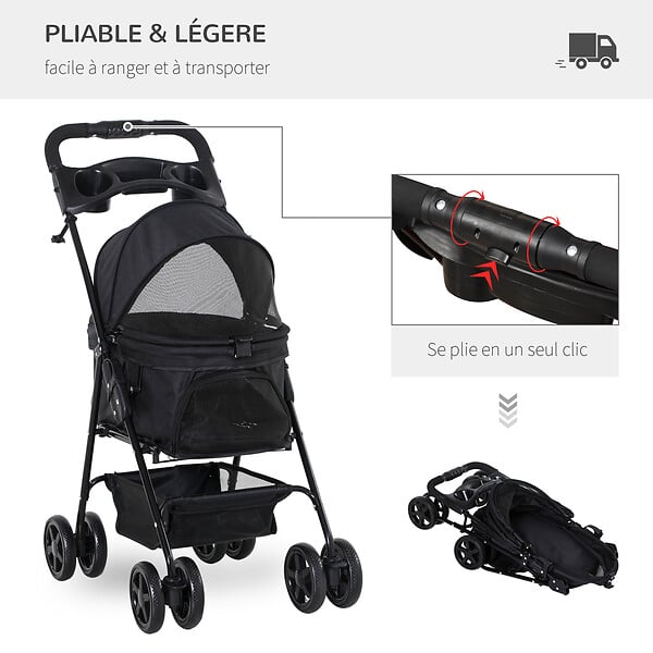 PAWHUT - Poussette buggy pliable chien chat panier rangement porte-gobelets tissu 300D Oxford imperméable 4 roues noir - large