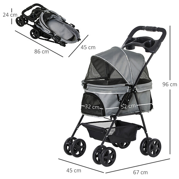 PAWHUT - Poussette buggy pliable chien chat panier rangement porte-gobelets tissu 300D Oxford imperméable 4 roues gris - large
