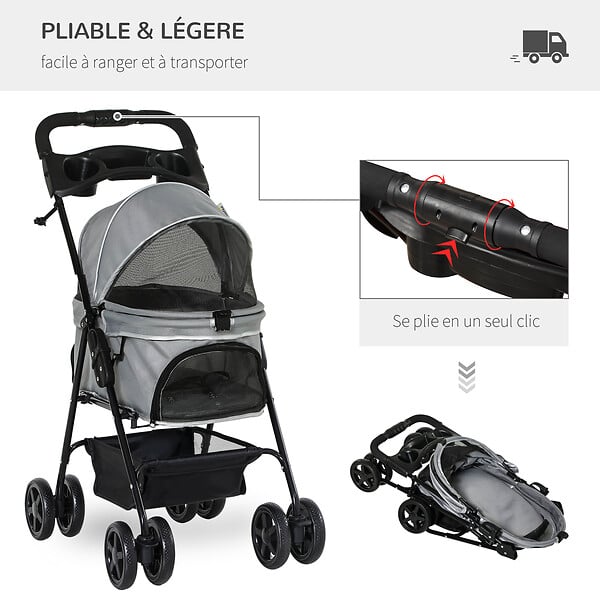 PAWHUT - Poussette buggy pliable chien chat panier rangement porte-gobelets tissu 300D Oxford imperméable 4 roues gris - large