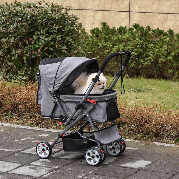 PAWHUT - Poussette buggy pliable chien chat panier et sac de rangement attaches sécurité housse réglable poignée réversible acier Oxford gris chiné noir - large