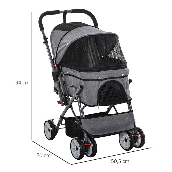 PAWHUT - Poussette buggy pliable chien chat panier et sac de rangement attaches sécurité housse réglable poignée réversible acier Oxford gris chiné noir - large