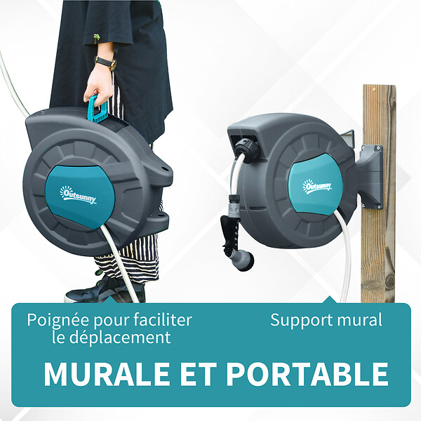 OUTSUNNY - Dévidoir mural enrouleur automatique pivotant 180° tuyau 15 + 1,4 m avec lance arrosage support mural intégré turquoise gris - large