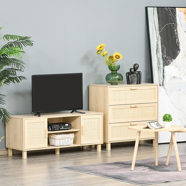 HOMCOM - Meuble TV banc TV 2 niches 2 placards porte cannage en rotin dim. 115L x 40l x 48H cm MDF aspect bois clair - large