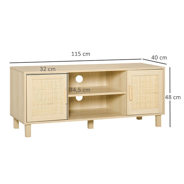 HOMCOM - Meuble TV banc TV 2 niches 2 placards porte cannage en rotin dim. 115L x 40l x 48H cm MDF aspect bois clair - large