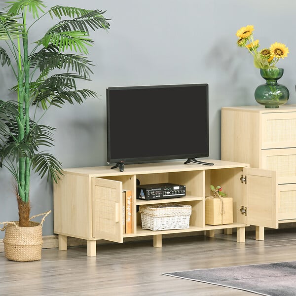 HOMCOM - Meuble TV banc TV 2 niches 2 placards porte cannage en rotin dim. 115L x 40l x 48H cm MDF aspect bois clair - large