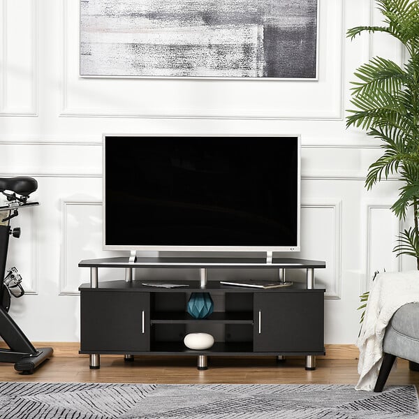 HOMCOM - Meuble banc TV design contemporain 2 portes niche centrale étagère grand plateau chromé noir - large