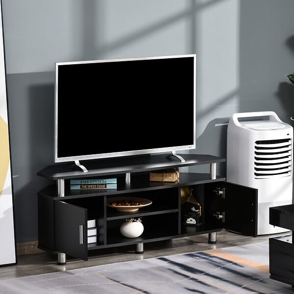 HOMCOM - Meuble banc TV design contemporain 2 portes niche centrale étagère grand plateau chromé noir - large